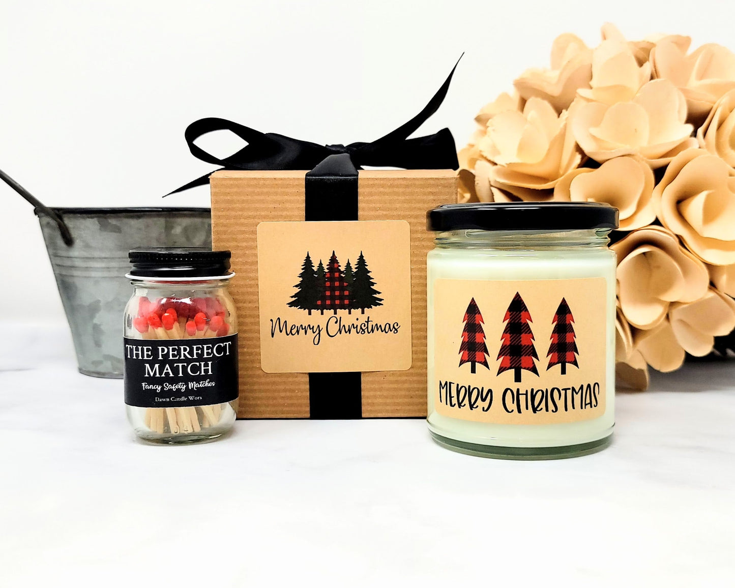 Christmas Candle Set - Red Plaid Trees