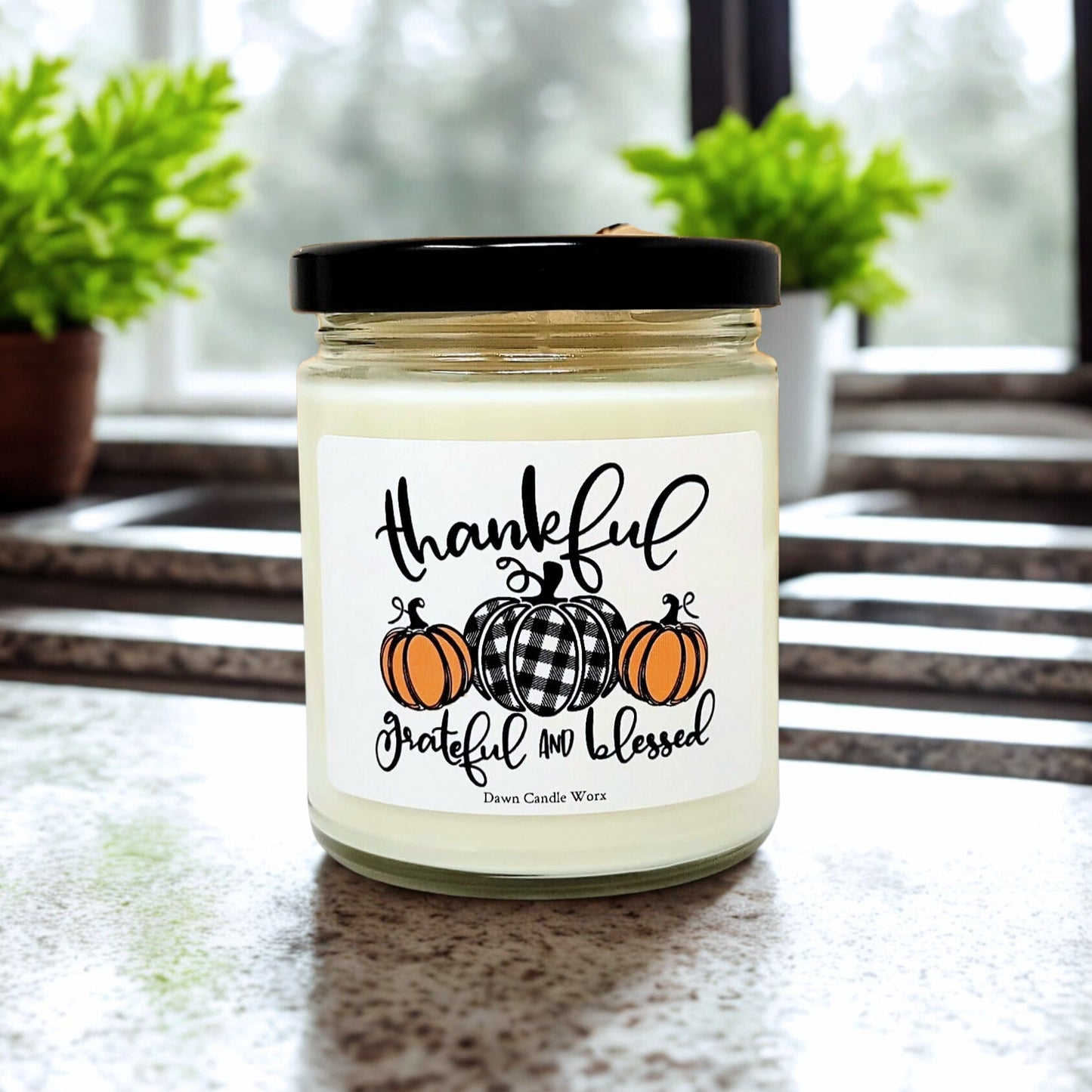 Thankful Grateful and Blessed Candle with Pumpkins