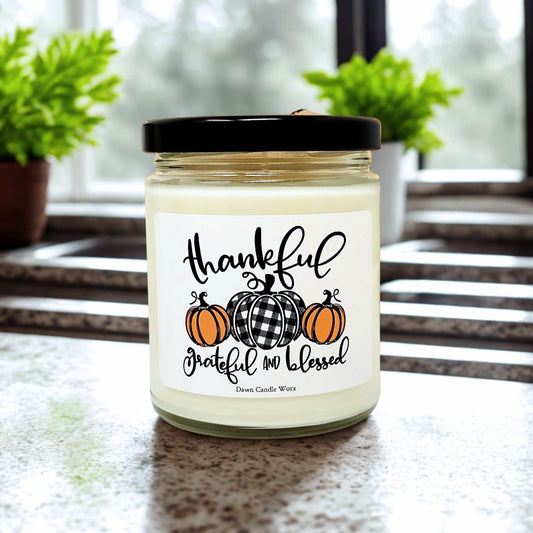 Thankful Grateful and Blessed Candle with Pumpkins